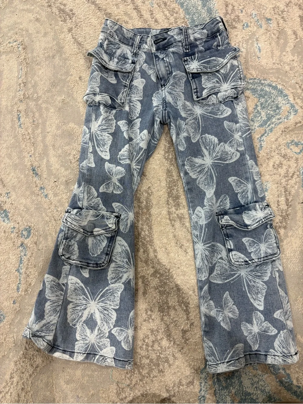 Forever 21 Blue Denim Floral Cargo Flare Jeans